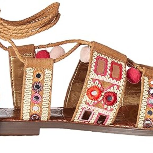 Sam Edelman Gretchen Boho Sandals 7M Embroidered Beaded Pom Pom Tassel Lace Up - Picture 10 of 16